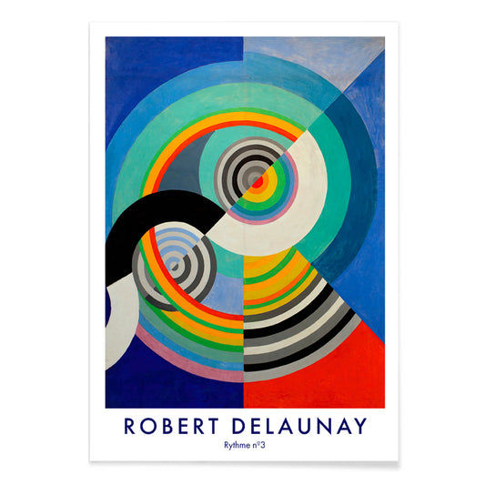 Abstract colorful concentric circles painting and poster inspired by Rythme n3 by Robert Delaunay featuring circular shapes for art lovers and collectors, with black aluminium frame on white background
