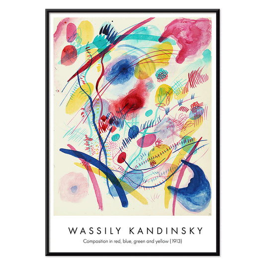 Abstract colorful painting and poster of abstract art with dynamic shapes and vivid red blue green and yellow brushstrokes by Wassily Kandinsky Composition in red blue green and yellow, with black aluminium frame on white background