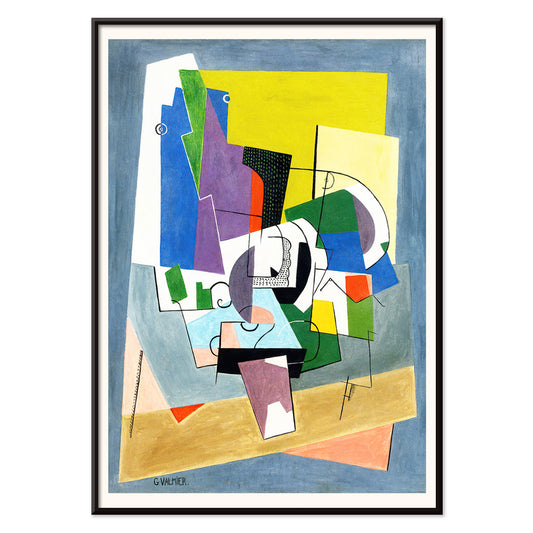 Poster of abstract geometric shapes in vibrant colors from Composition by Georges Valmier, with black aluminium frame on white background