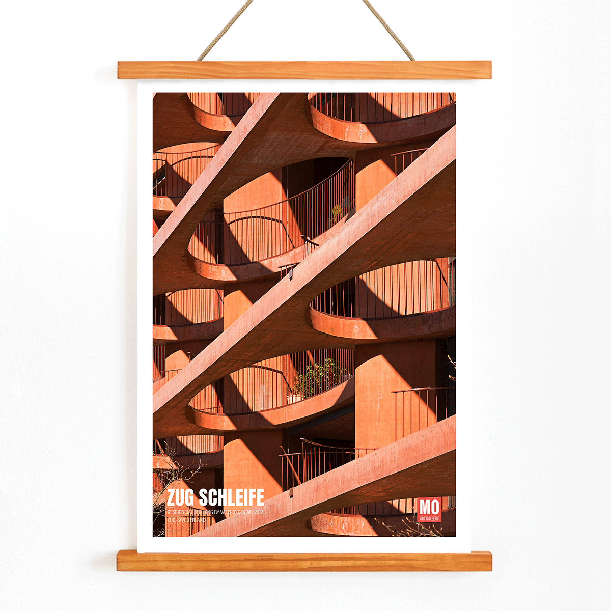 Modern architectural abstract artwork Zug Schleife Switzerland by Mo Art Gallery featuring geometric patterns shadows and orange hues, with wooden magnetic frame on white background