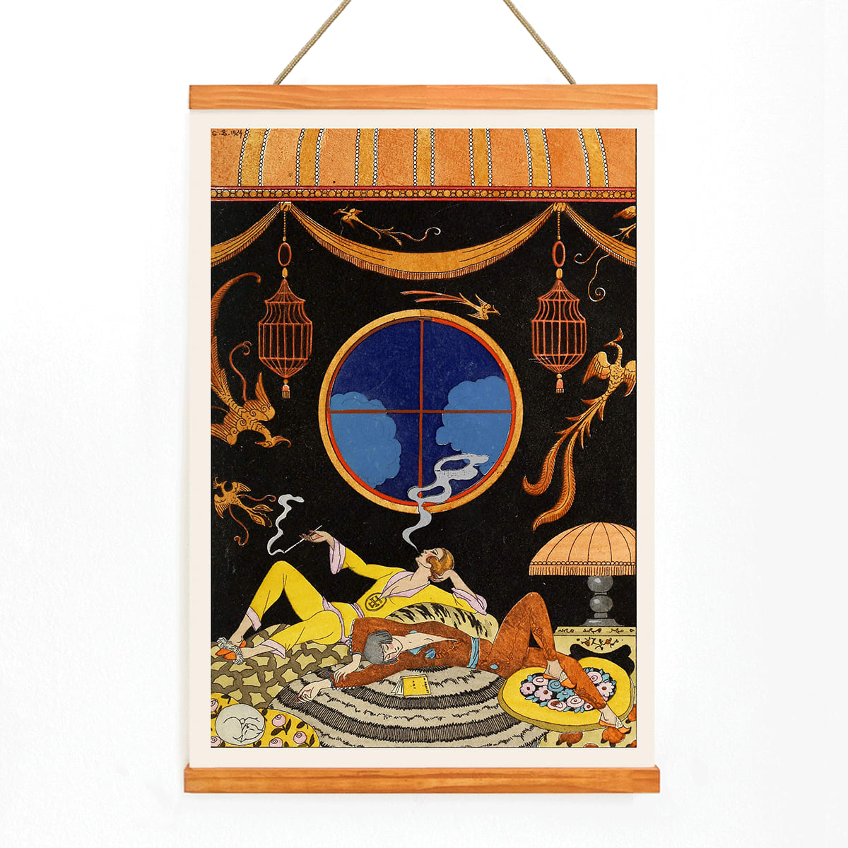 Elegant Art Deco interior with two figures lounging Falbalas et fanfreluches La paresse by George Barbier, with wooden magnetic frame on white background