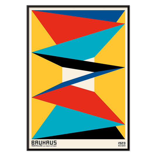 Geometric abstract Bauhaus poster 16 featuring vibrant geometric shapes in red blue black and yellow arranged symmetrically framed artwork, with black aluminium frame on white background