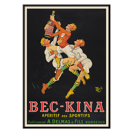 Bec-Kina poster by Michel Liebeaux showing athletes reaching for a bottle in vibrant dynamic sports-themed artwork, with black aluminium frame on white background