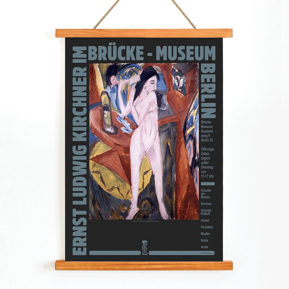 Ernst Kirchner artwork with expressive brushstrokes and colorful scene poster for exhibition at Bruecke Museum Berlin, with wooden magnetic frame on white background