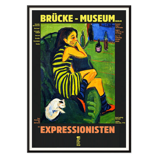 Brucke museum exhibition poster of Female Artist by Ernst Ludwig Kirchner showing a colorful expressionist scene, with black aluminium frame on white background