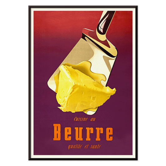 Vintage butter advertisement art by Donald Brun featuring a spatula and bold French text, with black aluminium frame on white background