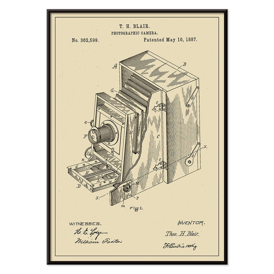 Vintage photographic camera patent diagram and detailed poster illustration by TH Blair, with black aluminium frame on white background