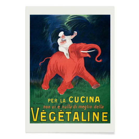 Vintage poster of chef riding a red elephant with bold Vegetaline text artwork by Leonetto Cappiello vibrant style, with black aluminium frame on white background