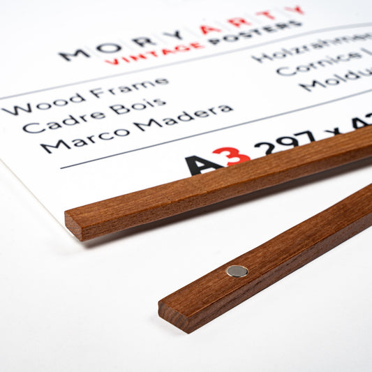 Dark oak magnetic wood frame with natural grain, minimalist design, and attached rope for hanging a poster or artwork on a wall, back corner closeup picture