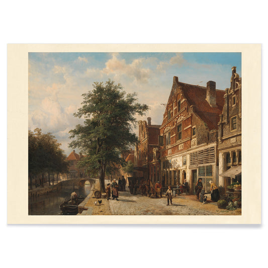 Town View by Cornelis Springer Dutch canal street scene with people horse cart trees and cityscape poster ideal for wall decor, with black aluminium frame on white background