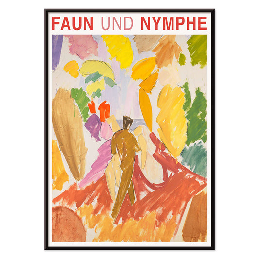 Faun and Nymphe by Edvard Weie vibrant abstract painting poster with colorful brushstrokes and bold figures, with black aluminium frame on white background