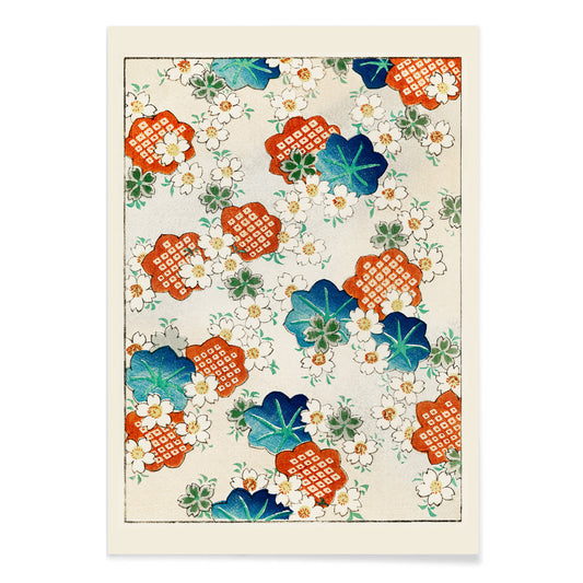 Colorful floral pattern artwork by Watanabe Seitei from Bijutsu Sekai featuring traditional Japanese design with colorful blossoms and leaves on a light background, with black aluminium frame on white background