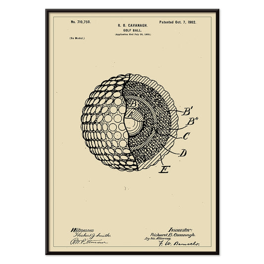 Golf ball patent technical drawing by R B Cavanagh showing detailed labeled interior structure and design elements, with black aluminium frame on white background