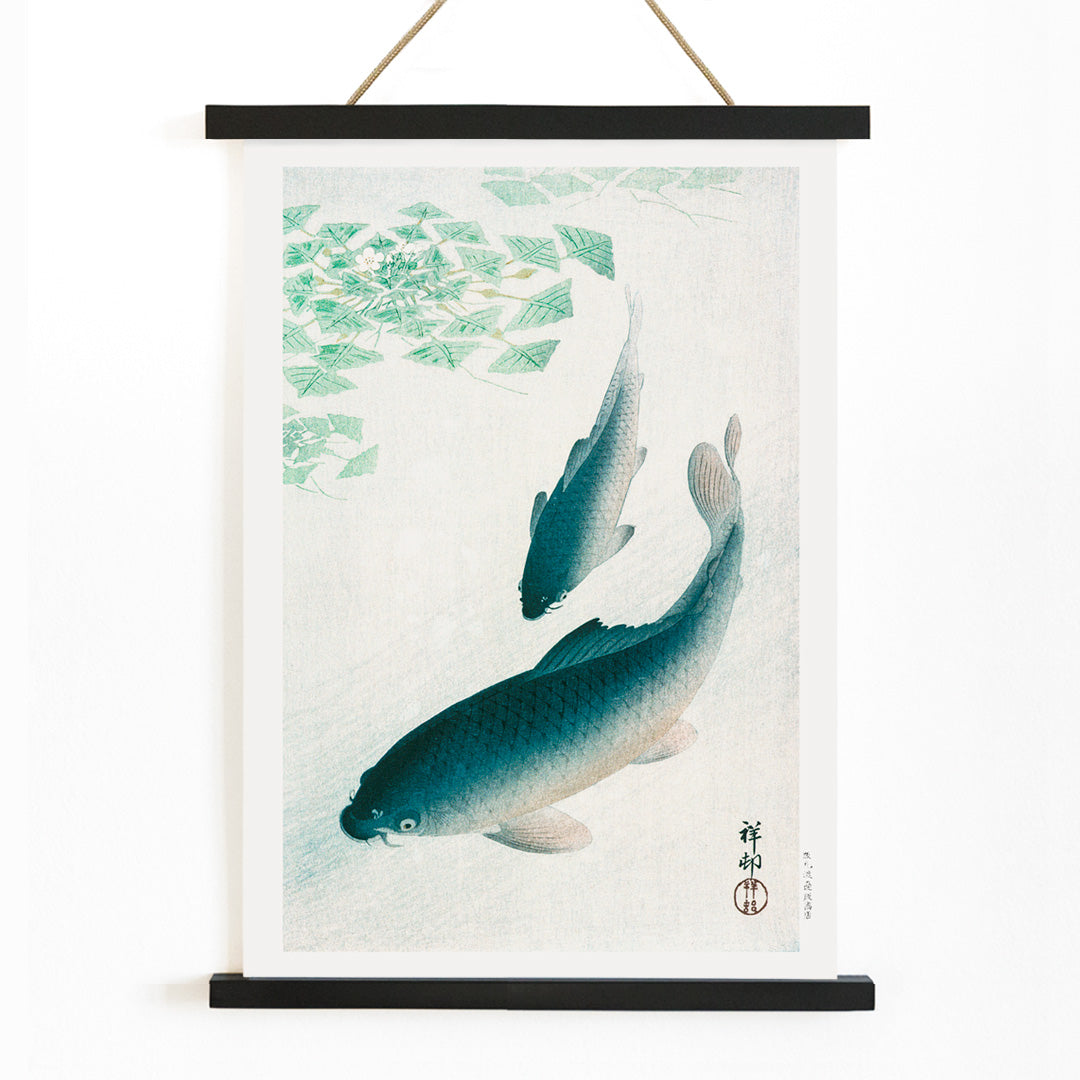 Two koi fish swimming under water plants and near green lily pads artwork by Ohara Koson serene Japanese style, with wooden magnetic frame on white background