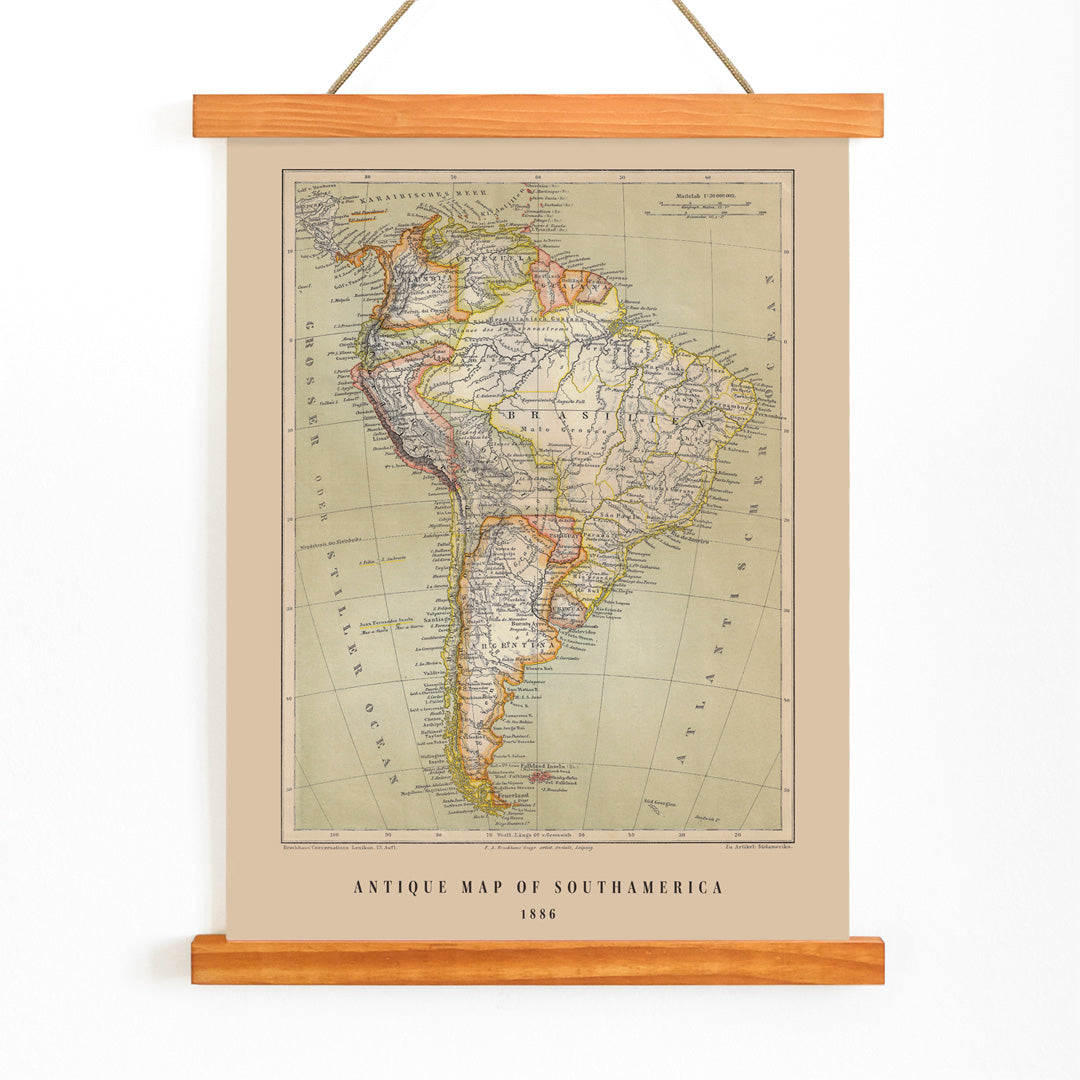 Vintage map of South America by Institute of Liepzig German antique map Brasil detailed geographic features artwork poster, with wooden magnetic frame on white background