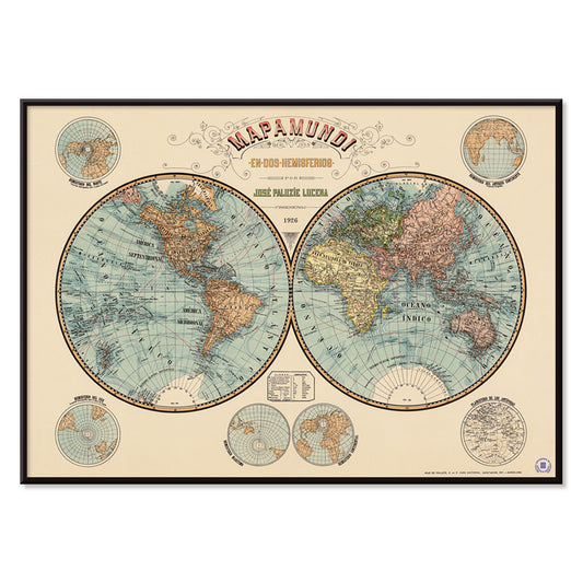 Vintage world map Mapamundi by Paluzie Lucena Josep showing two hemispheres with detailed geography and geographic features poster, with black aluminium frame on white background