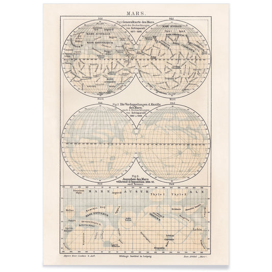Vintage map of Mars illustration and scientific reference poster by Bibliographic institute of Liepzig, with black aluminium frame on white background