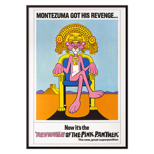 Pink Panther Montezuma themed artwork and poster titled Revenge of the Pink Panther featuring the Pink Panther sitting on a throne, with black aluminium frame on white background