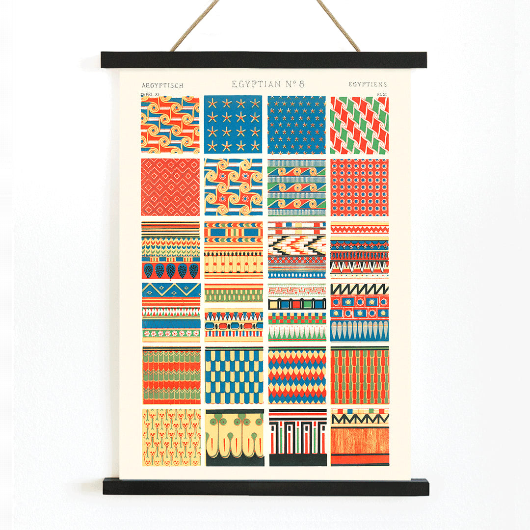 Vibrant Egyptian patterns by Owen Jones from Century Grammar of Ornament featuring artwork Egyptian 8 decorative poster, with wooden magnetic frame on white background