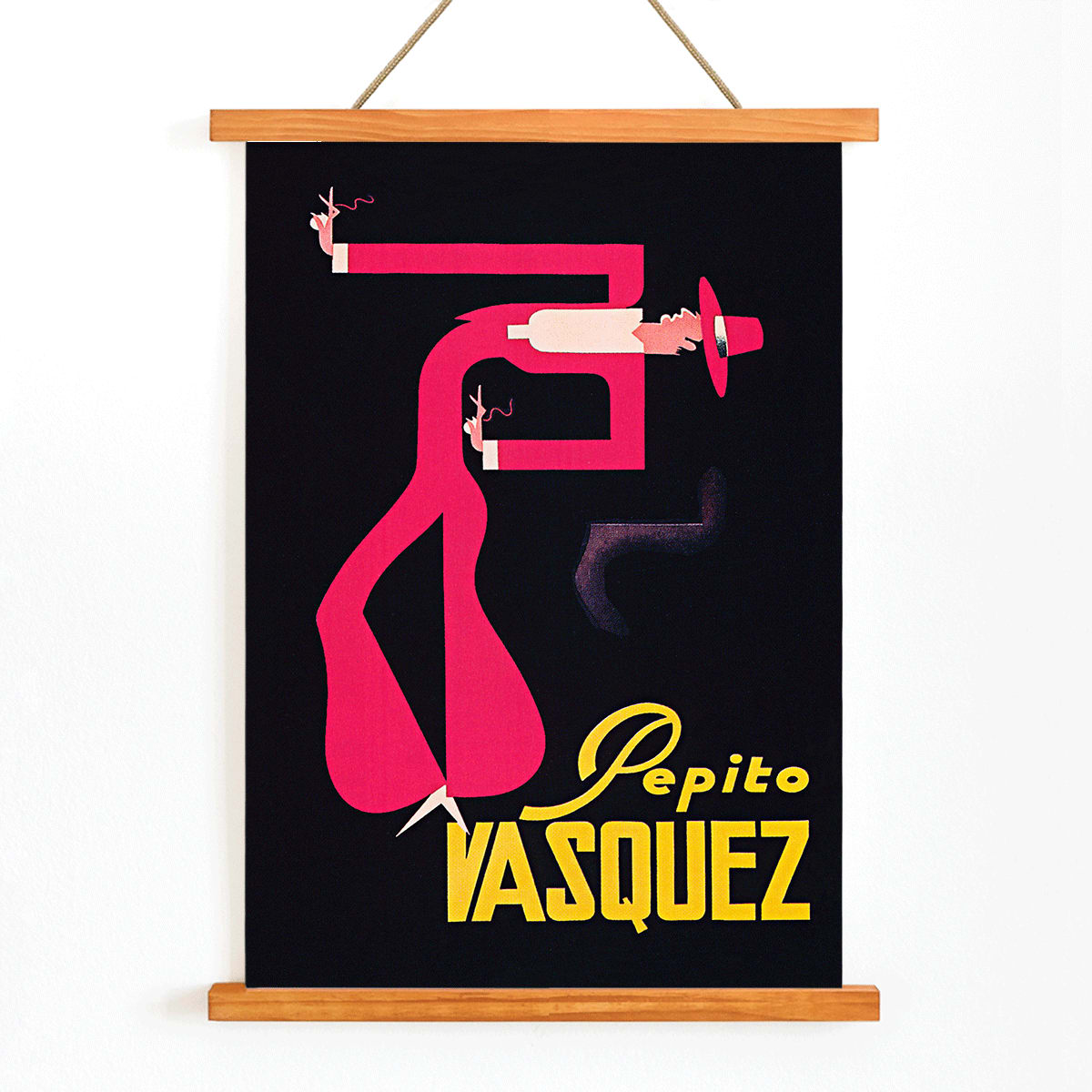 Abstract figure in bright colors pink and red on black background Pepito Vasquez by Tito Livio De Madrazo poster, with wooden magnetic frame on white background