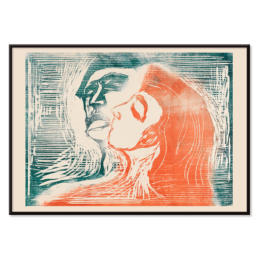 Head by Head by Edvard Munch poster showing man and woman kissing with expressive faces and abstract lines artwork, with black aluminium frame on white background