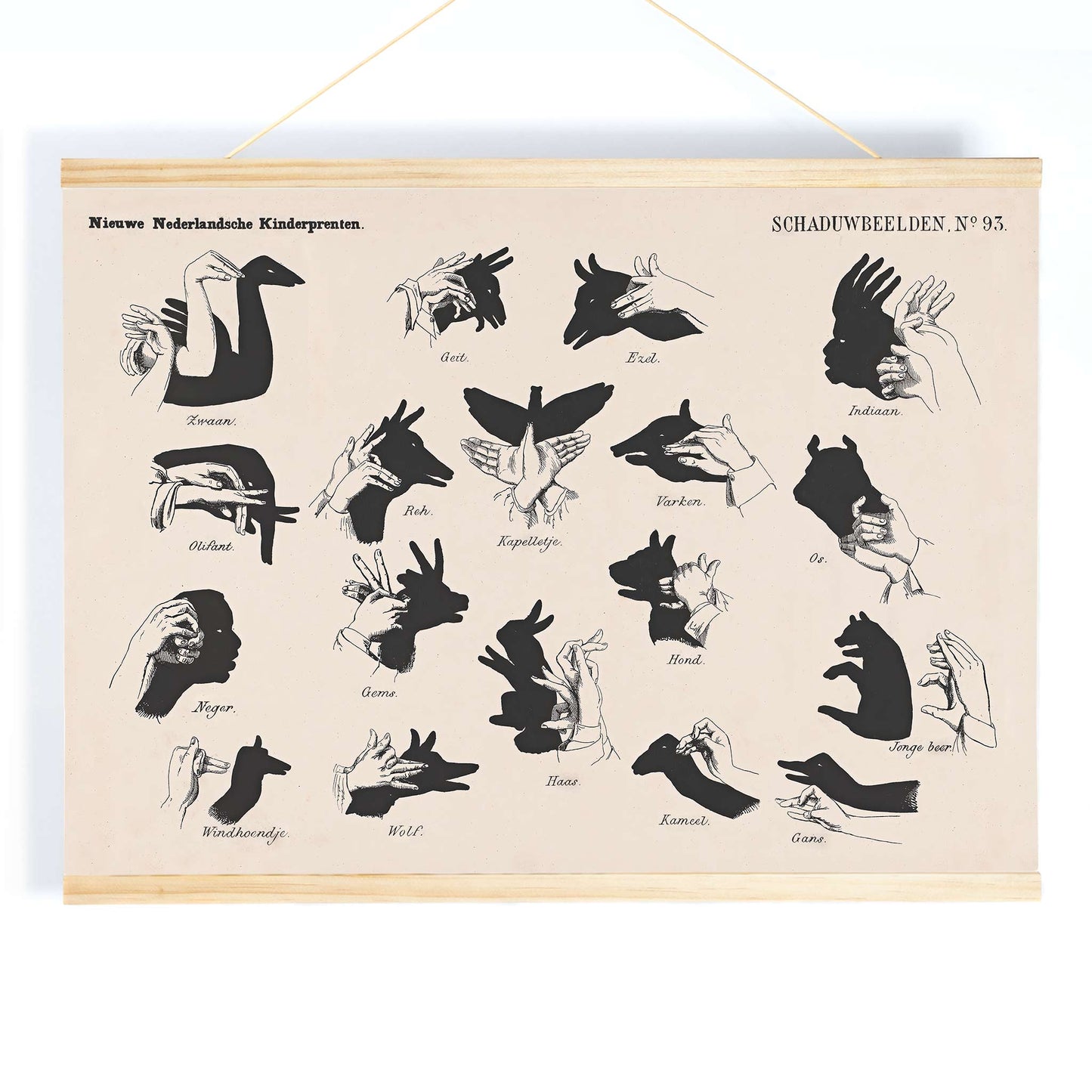 Vintage hand shadow puppet illustrations and animal shapes poster from Shadow Hands by George Lodewijk Funke artwork, with wooden magnetic frame on white background