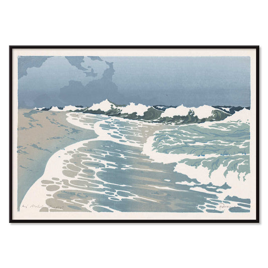 Sea waves crashing on sandy seashore artwork by O Droegl poster of foamy waves on the sea shore, with black aluminium frame on white background