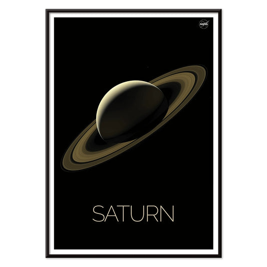 NASA illustration and poster of planet Saturn with rings against black background, with black aluminium frame on white background