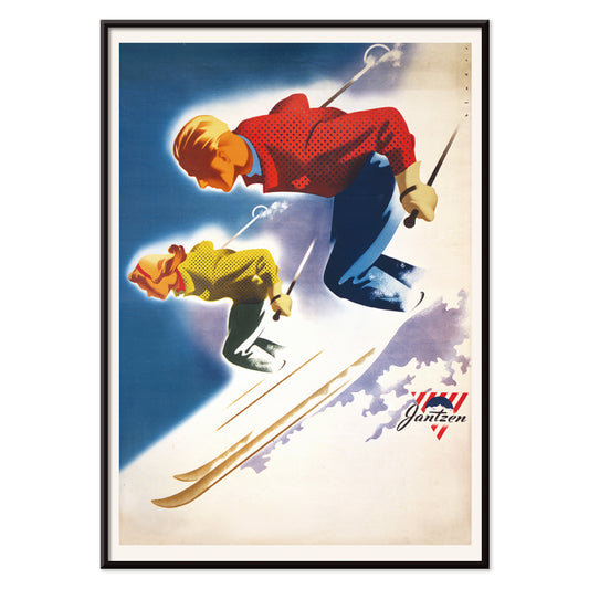 Vintage skiing poster of man and woman skiing downhill in bold colors by Joseph Binder for Jantzen, with black aluminium frame on white background