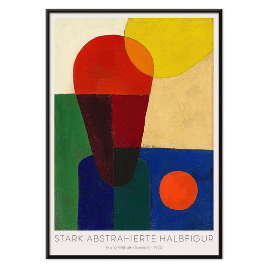 Colorful abstract geometric art poster titled Stark abstrahierte Halbfigur by Franz Wilhelm Seiwert, with black aluminium frame on white background