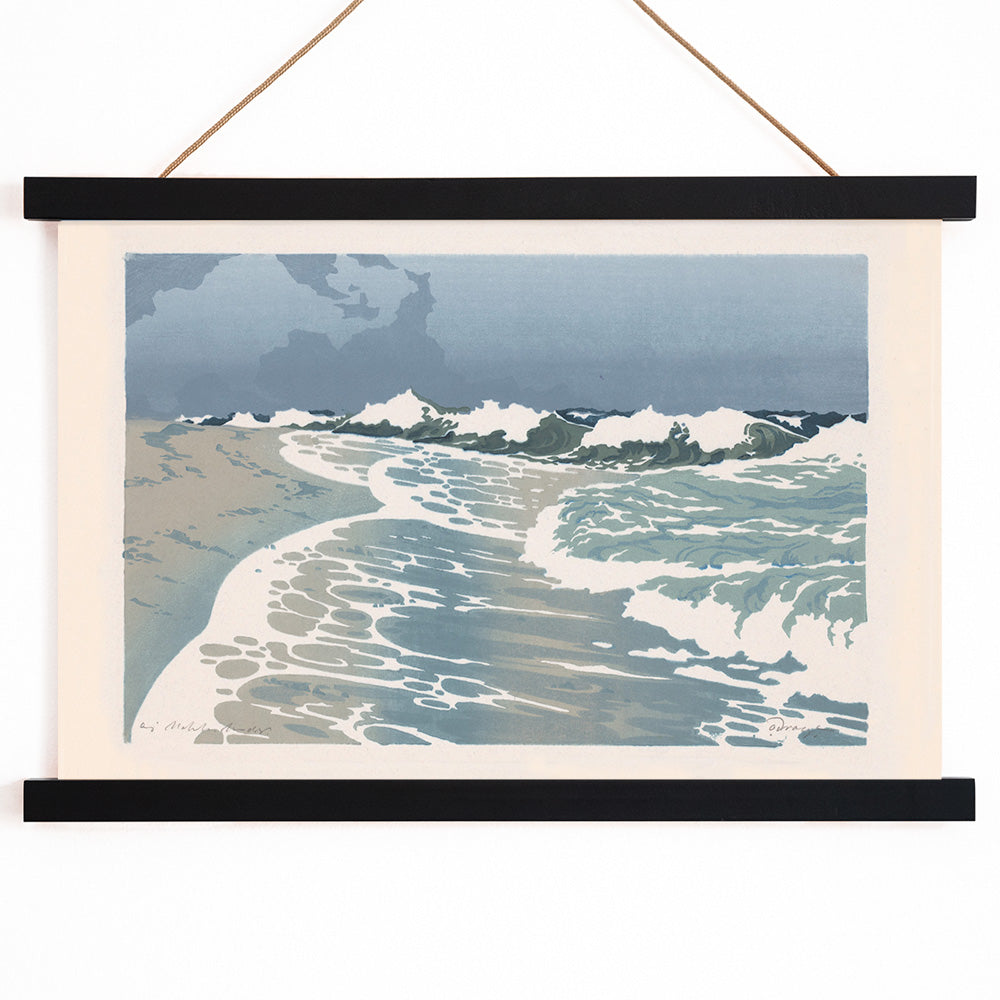 Sea waves crashing on sandy seashore artwork by O Droegl poster of foamy waves on the sea shore, with wooden magnetic frame on white background