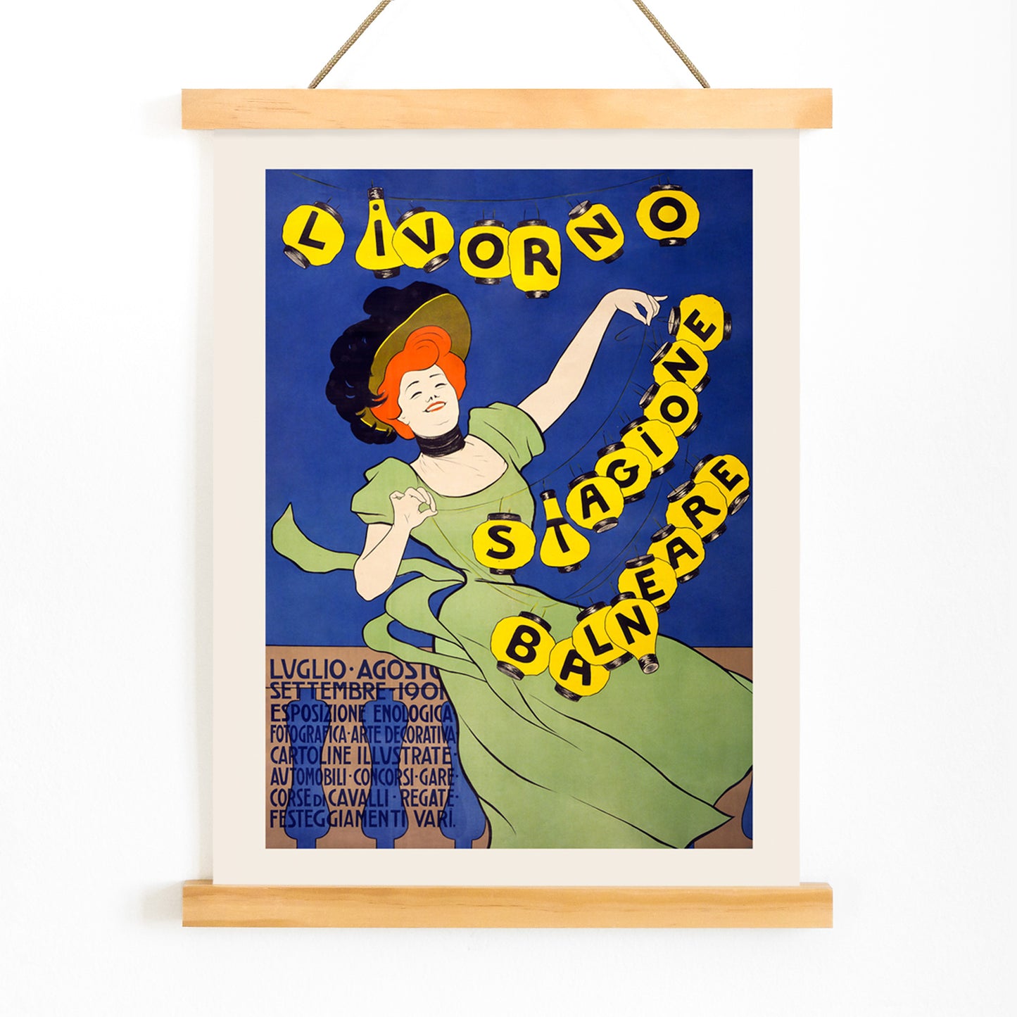 Woman in green dress holding yellow lanterns Livorno stagione balneare by Leonetto Cappiello poster on blue background, with wooden magnetic frame on white background