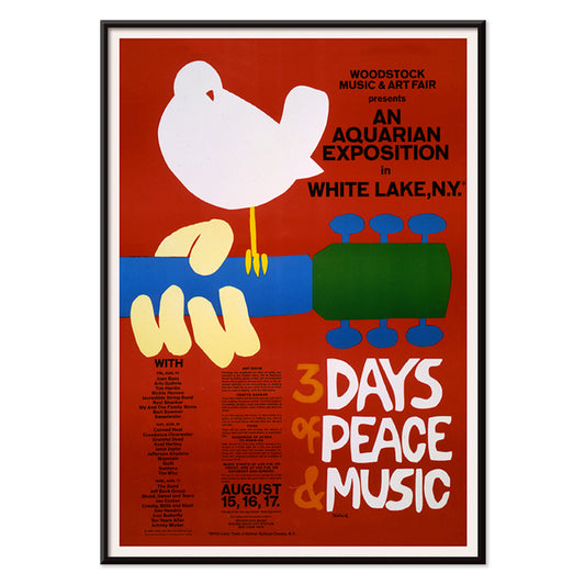 Woodstock poster with white dove on guitar promoting peace and music at An Aquarian Exposition in White Lake artist unknown, with black aluminium frame on white background