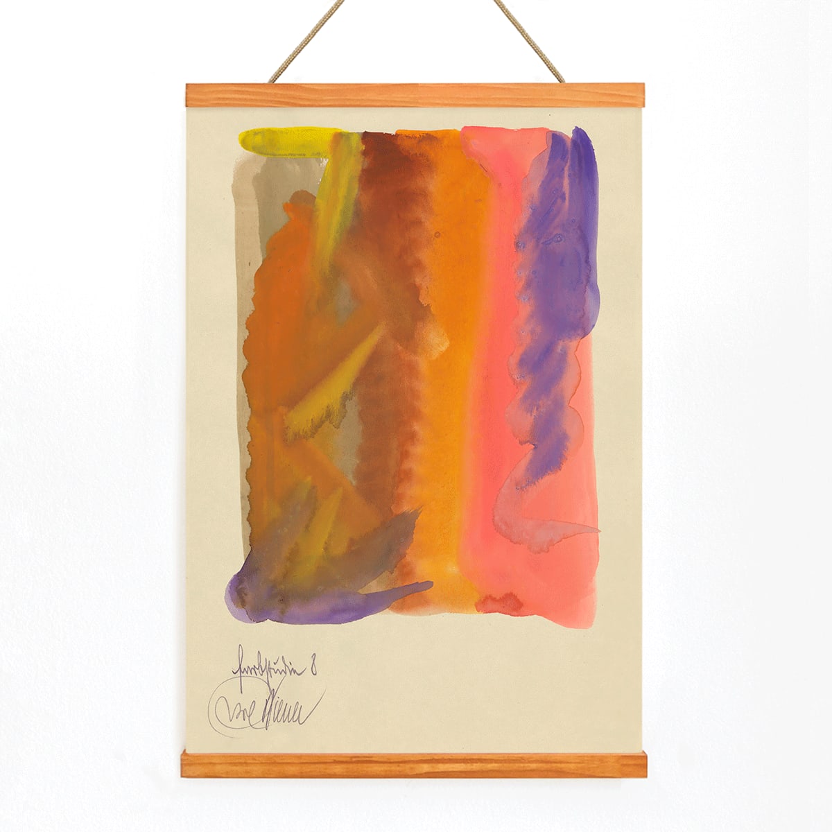 Vibrant abstract painting by Karl Wiener titled Farbstudien 10 Blätter VIII featuring bold colors dynamic shapes and orange purple pink hues poster, with wooden magnetic frame on white background