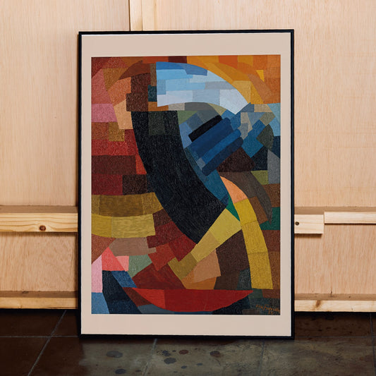 Abstract geometric composition and poster with vibrant colors and shapes from Fragments de figure a l ensemble des plans by Otto Freundlich, framed and displayed in home decor