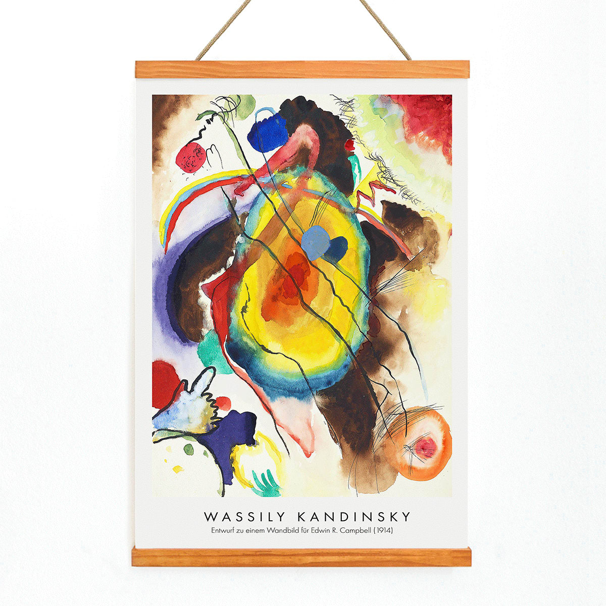 Abstract mural design by Wassily Kandinsky for Edwin R Campbell featuring vibrant colors and dynamic shapes, with wooden magnetic frame on white background