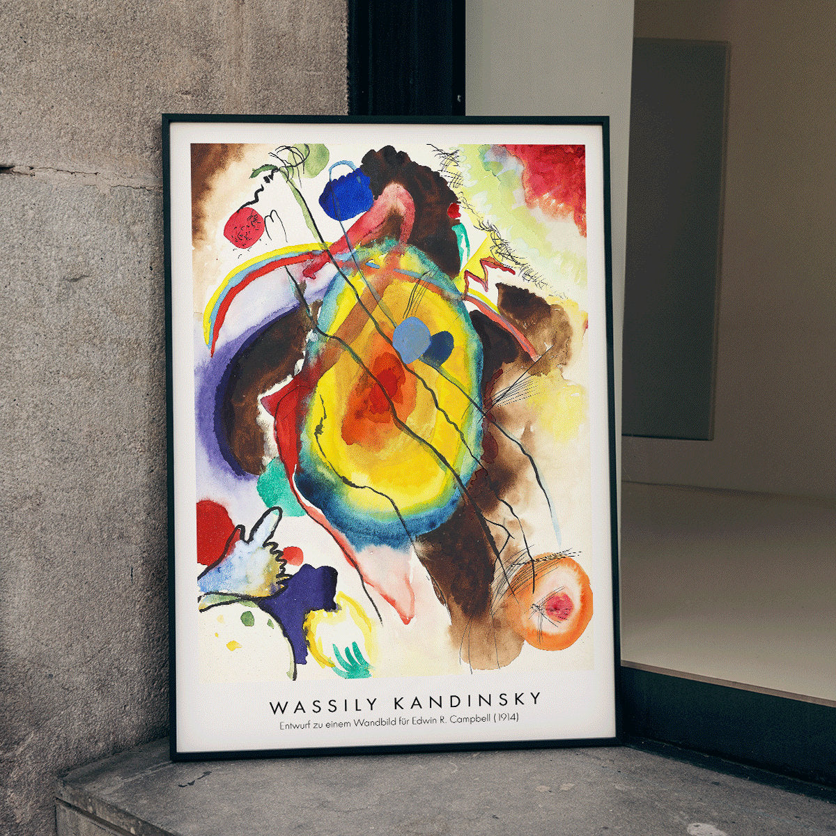 Abstract mural design by Wassily Kandinsky for Edwin R Campbell featuring vibrant colors and dynamic shapes, framed and displayed in home decor