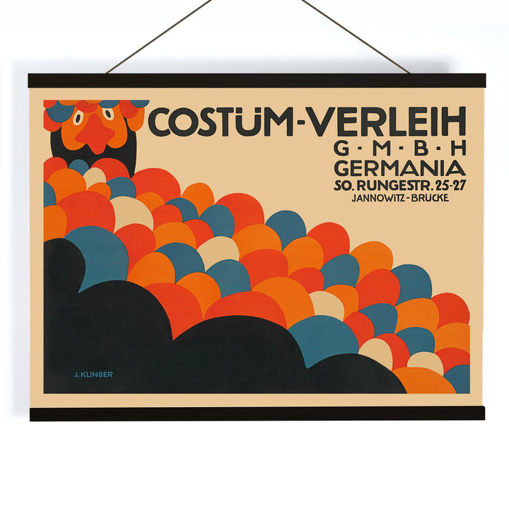 Poster by Julius Klinger for Costüm-Verleih Germania with red blue orange and black abstract circles and bold typography, with wooden magnetic frame on white background