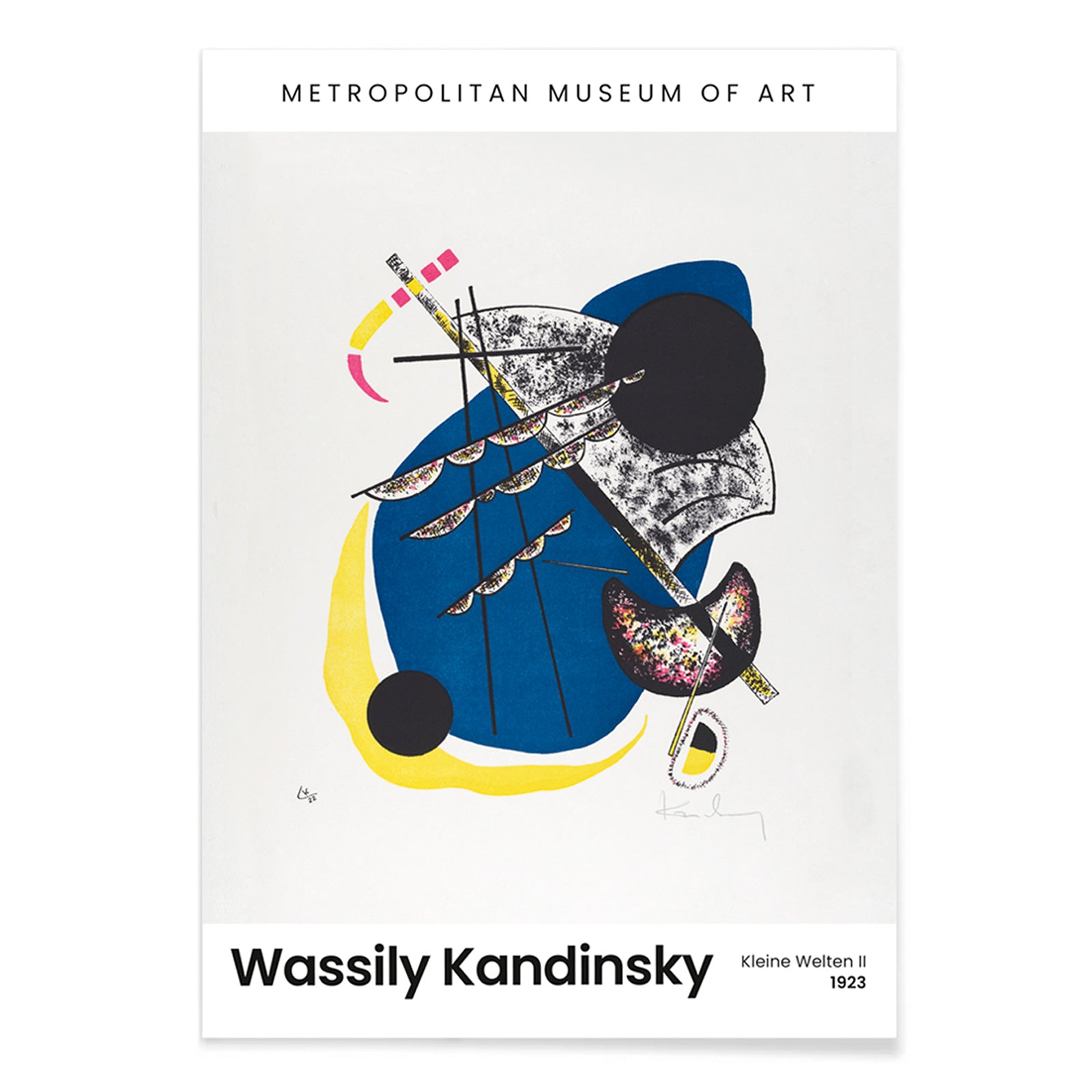Abstract geometric art poster with bold colors blue yellow and black featuring Kleine Welten II Small Worlds II by Wassily Kandinsky, with black aluminium frame on white background