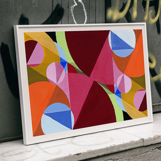 Poster of abstract geometric shapes in vibrant colors from Area Broken by Perpendiculars by Joseph Schillinger, framed and displayed in home decor
