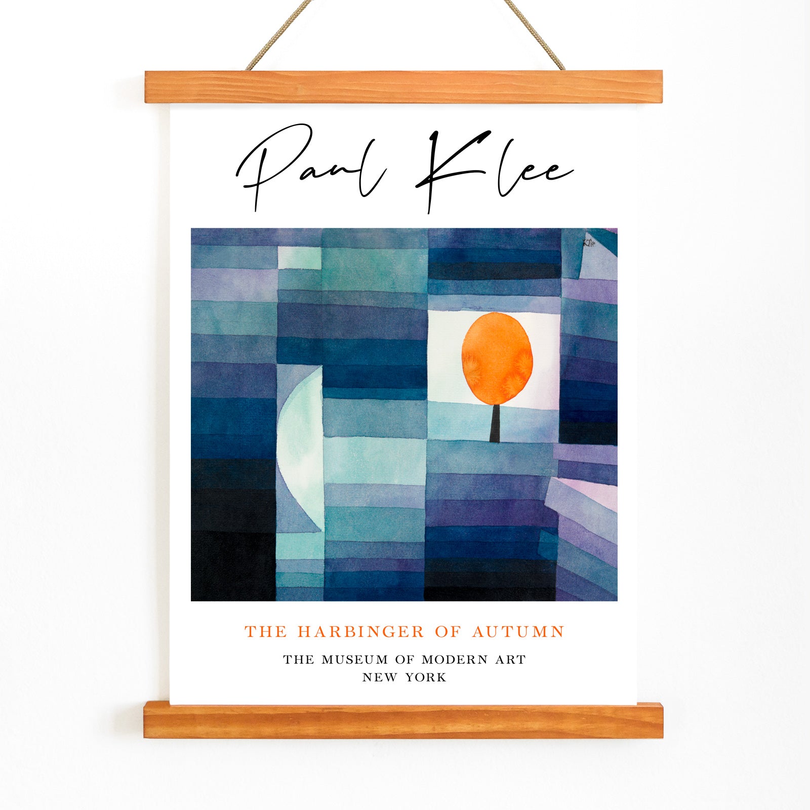 Geometric abstract landscape with vibrant orange tree by Paul Klee from The Harbinger of Autumn poster for wall decor, with wooden magnetic frame on white background