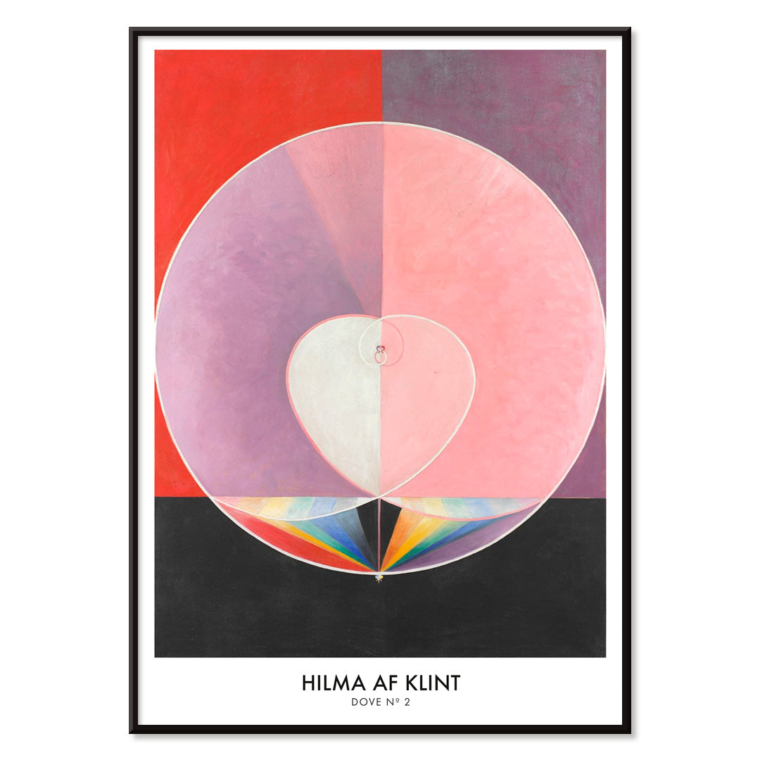 Abstract geometric shapes in pastel and rainbow colors with heart motif poster inspired by Doves by Hilma af Klint, with black aluminium frame on white background