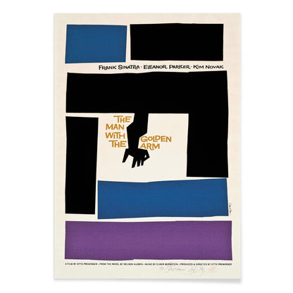 Movie poster for The Man with the Golden Arm by Saul Bass featuring bold abstract shapes and a stylized arm and hand in vibrant colors, with black aluminium frame on white background