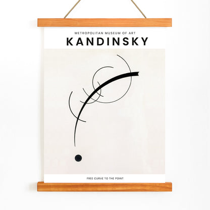Abstract black geometric curves and circle with dot on white background poster Free Curve to the Point by Wassily Kandinsky, with wooden magnetic frame on white background