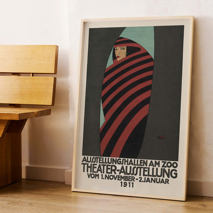 Julius Klinger Theater exhibition at the zoo poster with red and black striped figure on teal background, framed and displayed in modern living room decor
