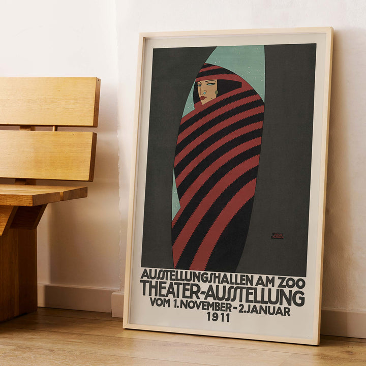 Julius Klinger Theater exhibition at the zoo poster with red and black striped figure on teal background, framed and displayed in modern living room decor