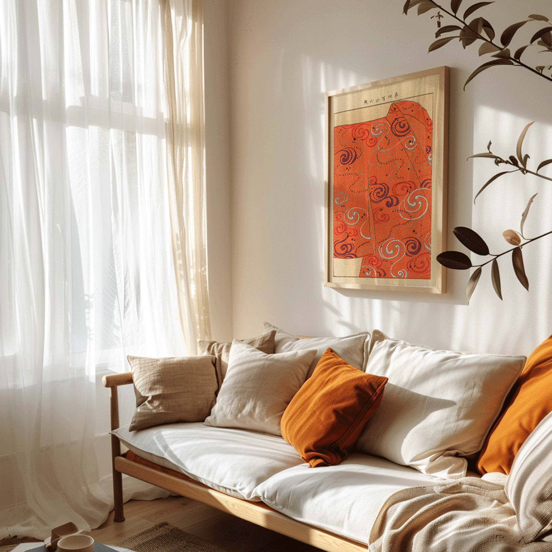 Swirling orange kimono with patterns Yachigusa v 15 Pl 06 by Seiko Ueno Japanese art poster, framed and displayed in home decor