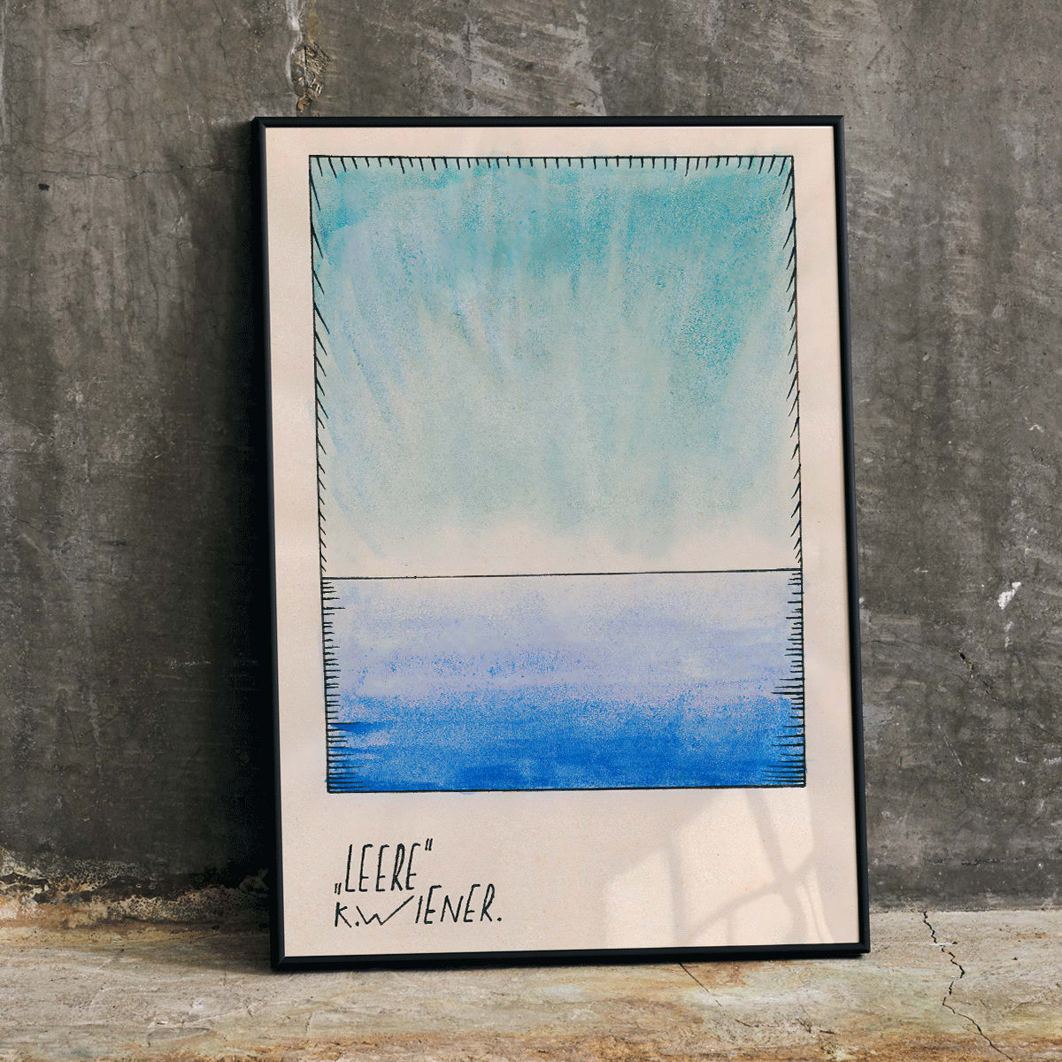 Abstract blue gradient watercolor art by Karl Wiener titled Leere minimalist poster featuring abstract shapes in blue tones modern decor, framed and displayed in home decor