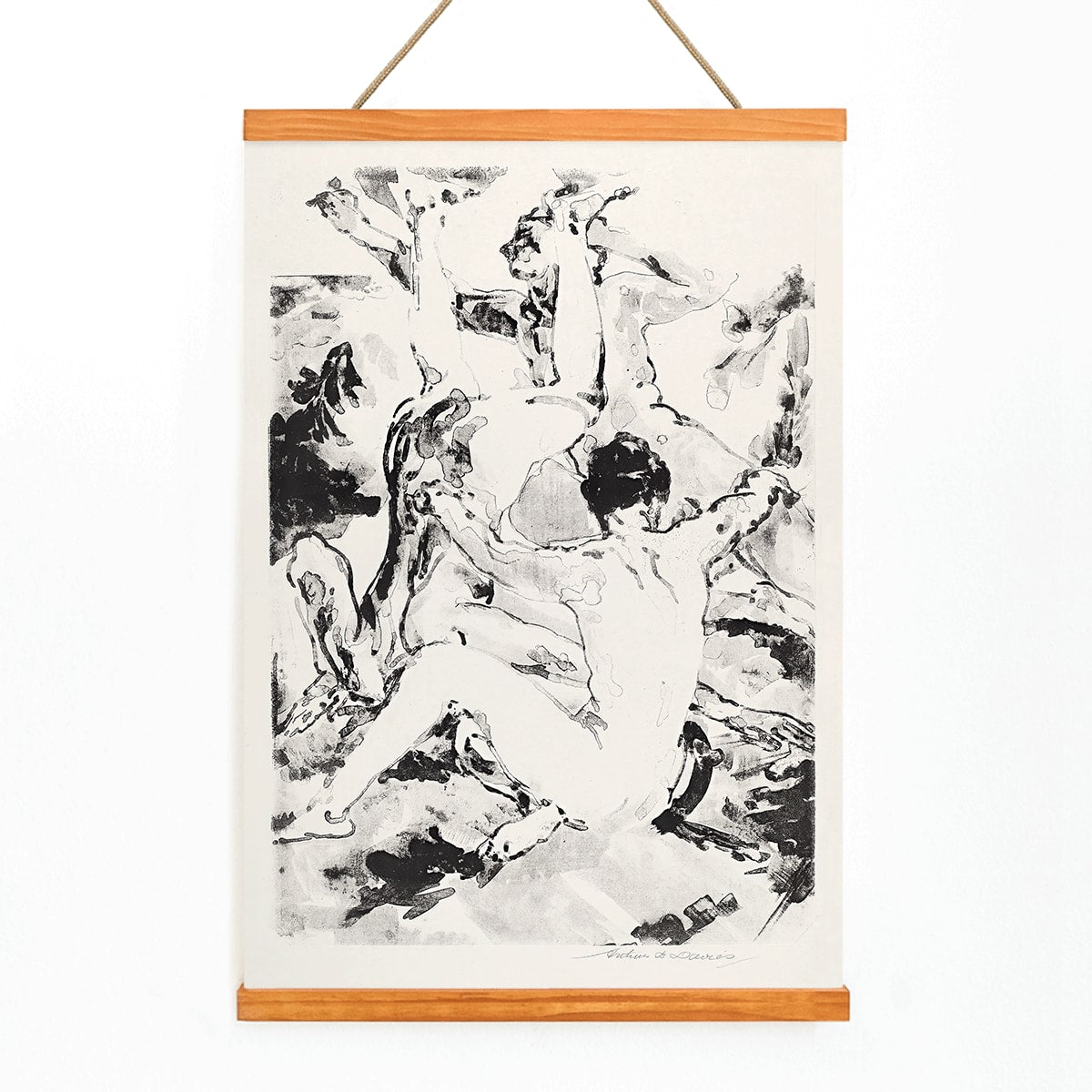 Three acrobats in dynamic abstract black and white style by Arthur Bowen Davies poster depicting figures in motion, with wooden magnetic frame on white background