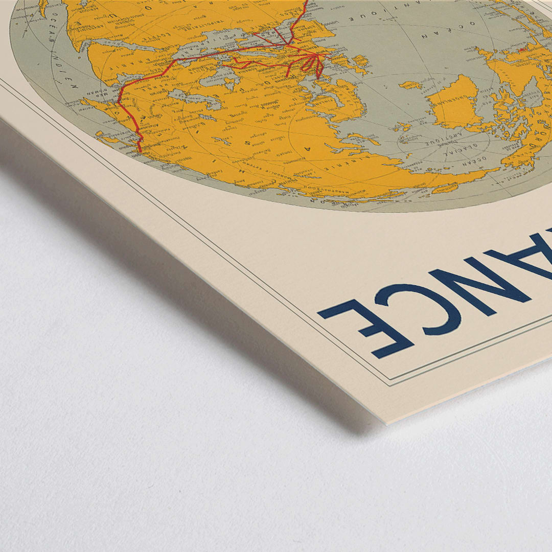 Closeup detail of Vintage Air France travel poster by E Giraud showing world map with airline routes highlighted in red